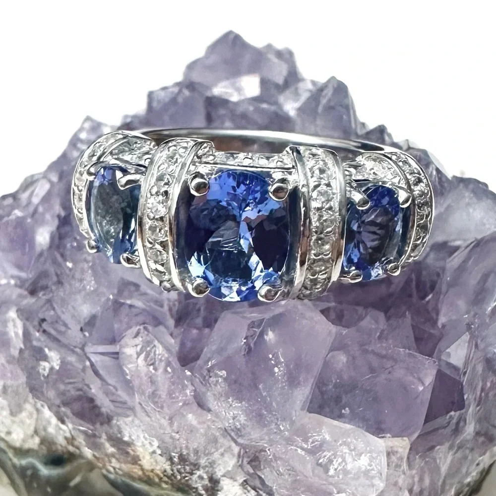3 Stone Blue Tanzanite | White Zircon Rhodium over Sterling Silver Ring 2.44ctw